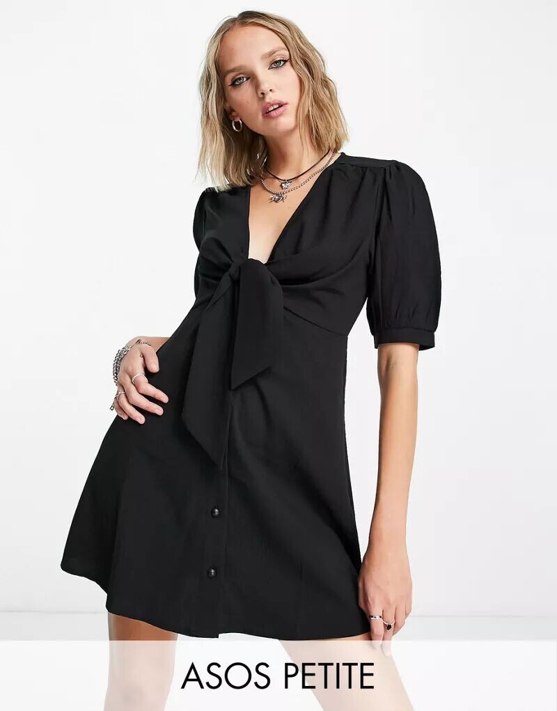 

Черное платье мини на пуговицах со шнуровкой спереди ASOS DESIGN Petite