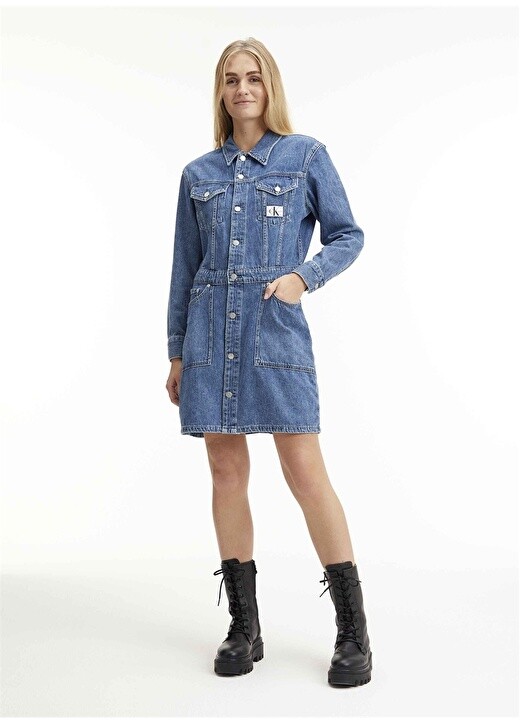 

Однотонное синее женское платье длиной выше колена с воротником Calvin Klein Jeans, Синий
