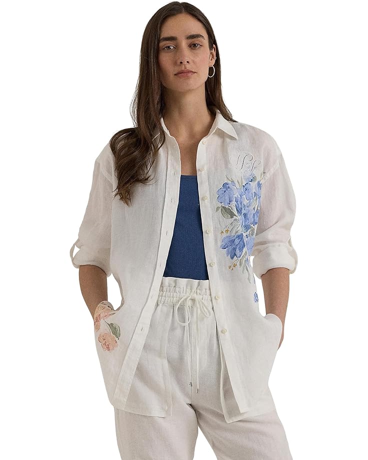 Рубашка LAUREN Ralph Lauren Petite Oversize Floral Eyelet-Logo Linen, белый