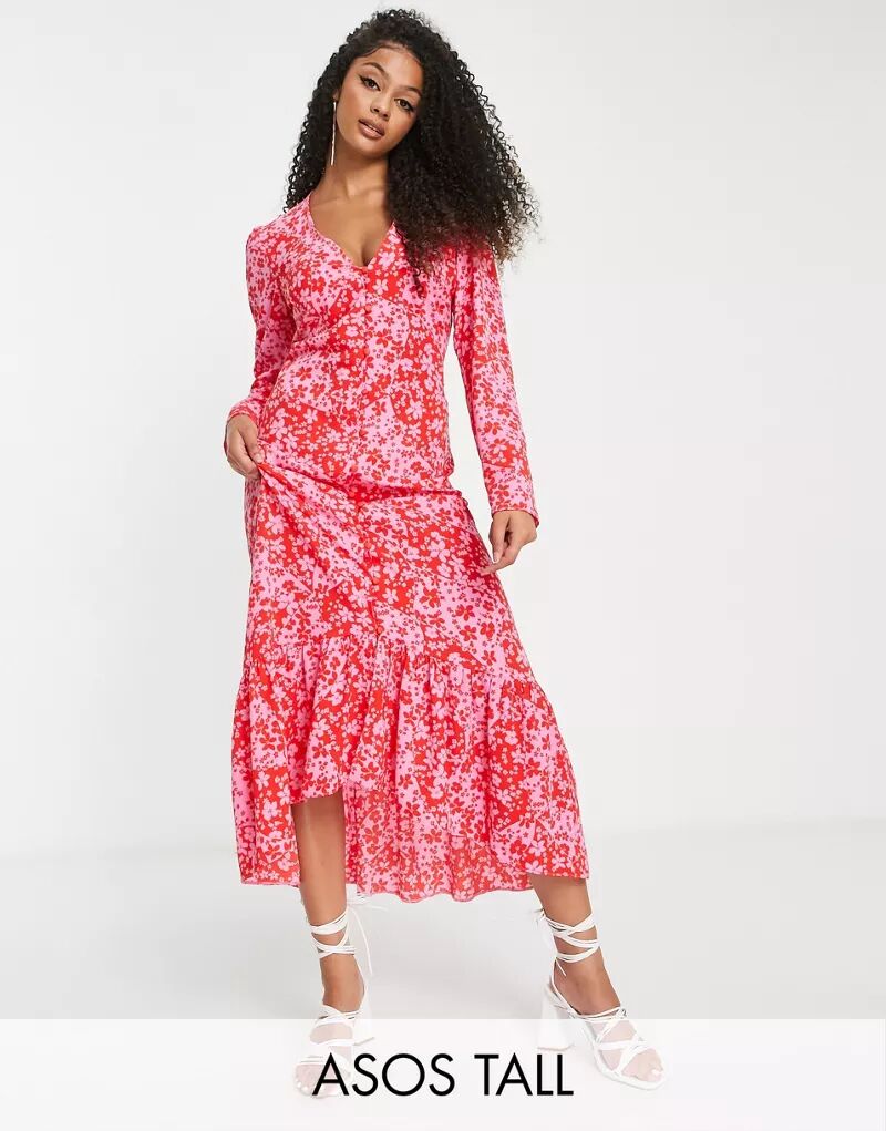 Розово-красное платье миди с глубоким вырезом и разрезным цветочным принтом ASOS DESIGN Tall