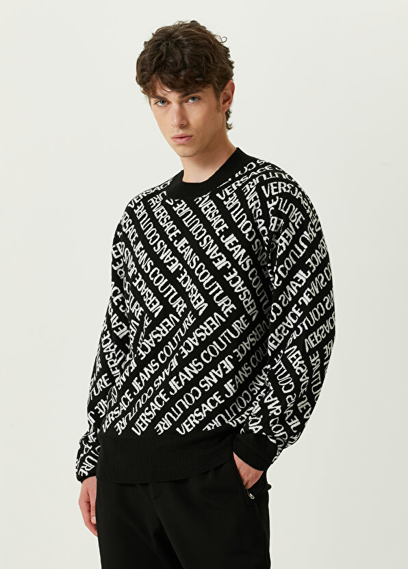 Черный шерстяной свитер с круглым вырезом и логотипом Versace Jeans Couture 41371