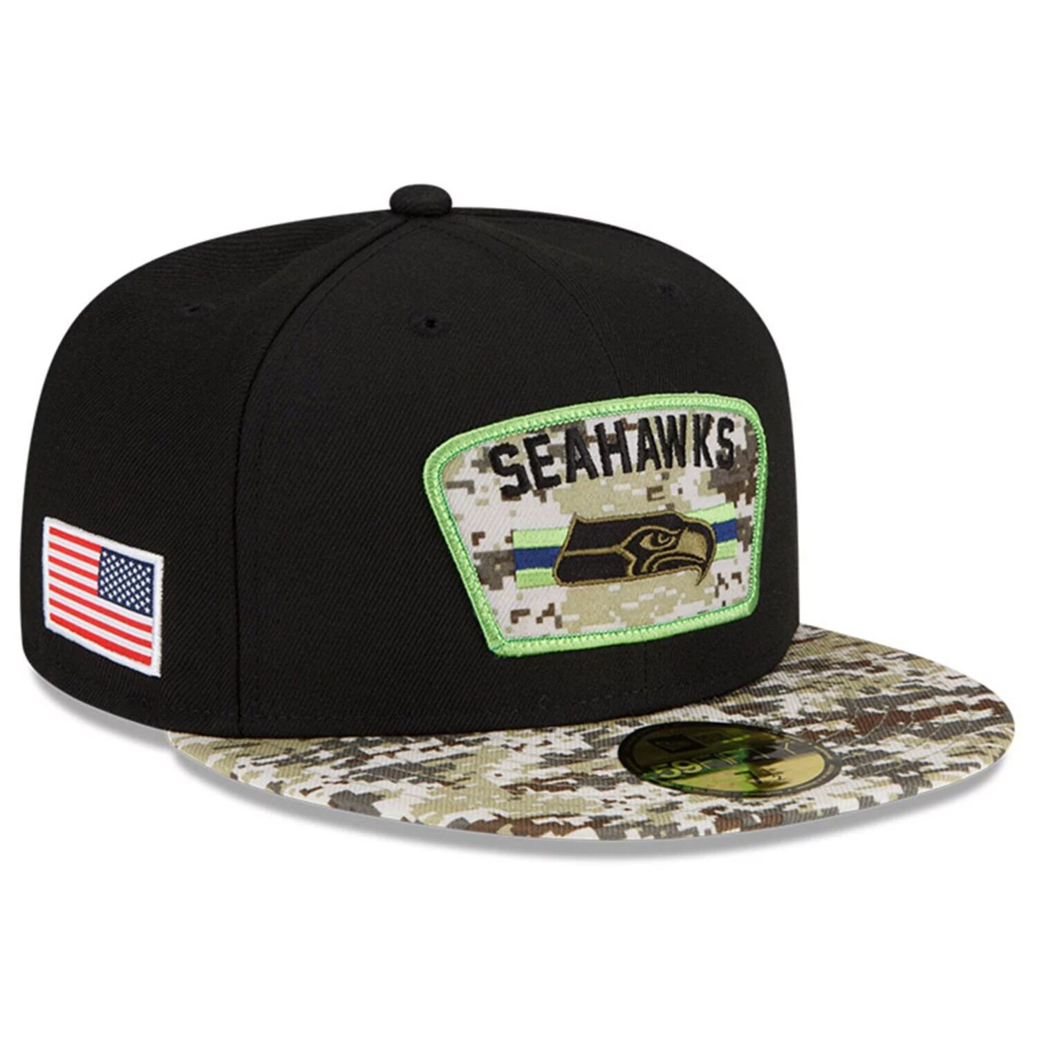 

Мужская облегающая шляпа New Era Black/Camo Seattle Seahawks 2021 Salute To Service 59FIFTY