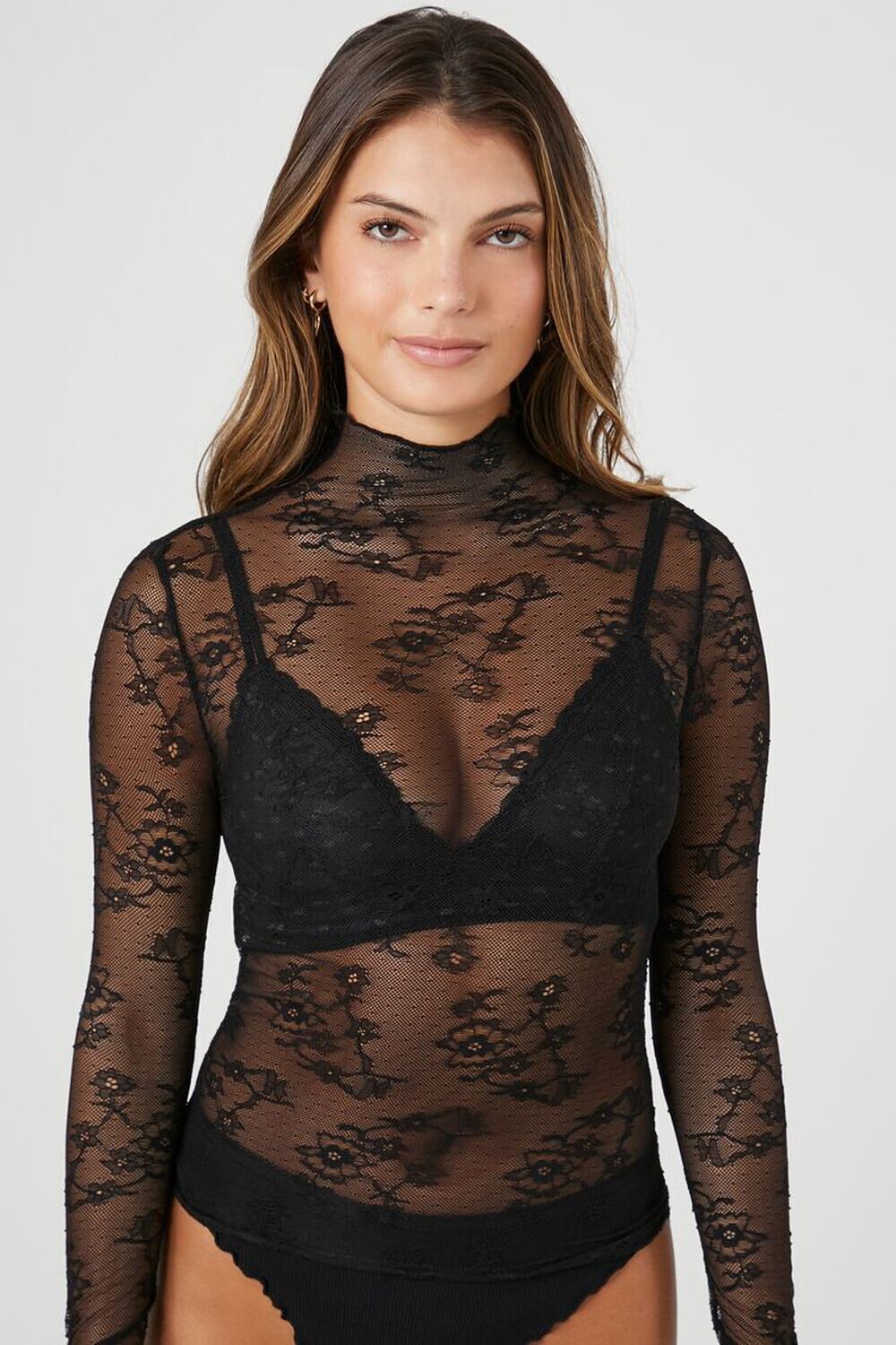 Прозрачный кружевной топ с воротником-стойкой Forever 21, черный