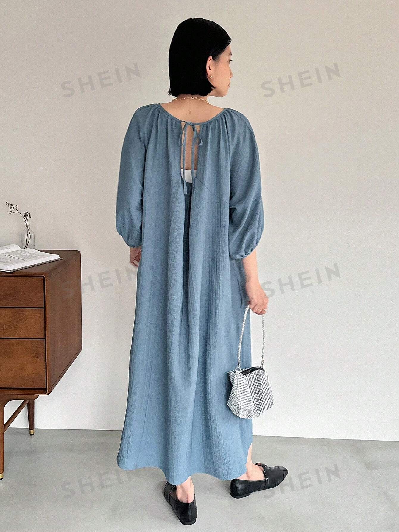 FRIFUL женское однотонное повседневное платье свободного кроя с воротником на завязке сзади, синий