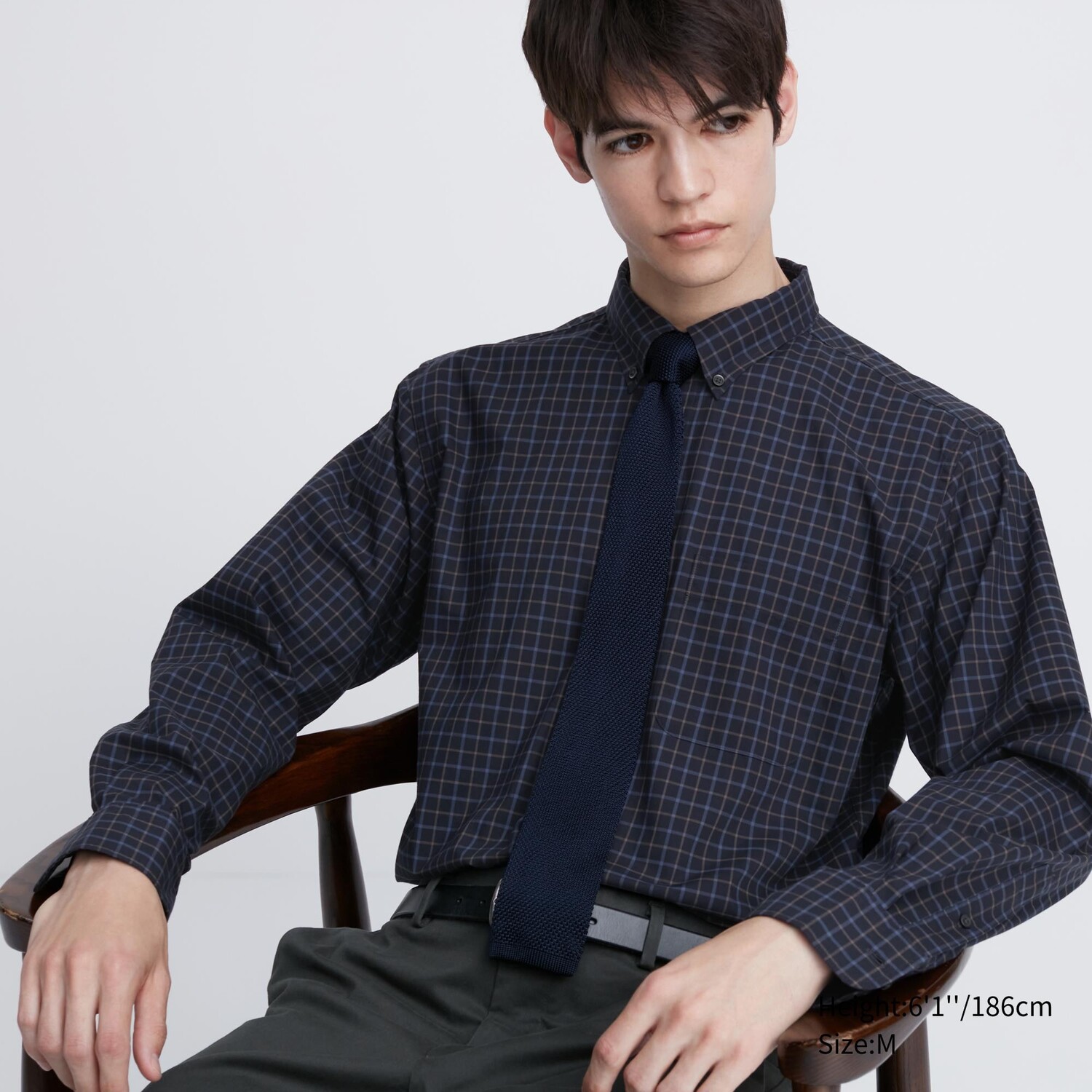 

Рубашка UNIQLO в клетку из тонкого хлопка стандартного кроя, темно-синий