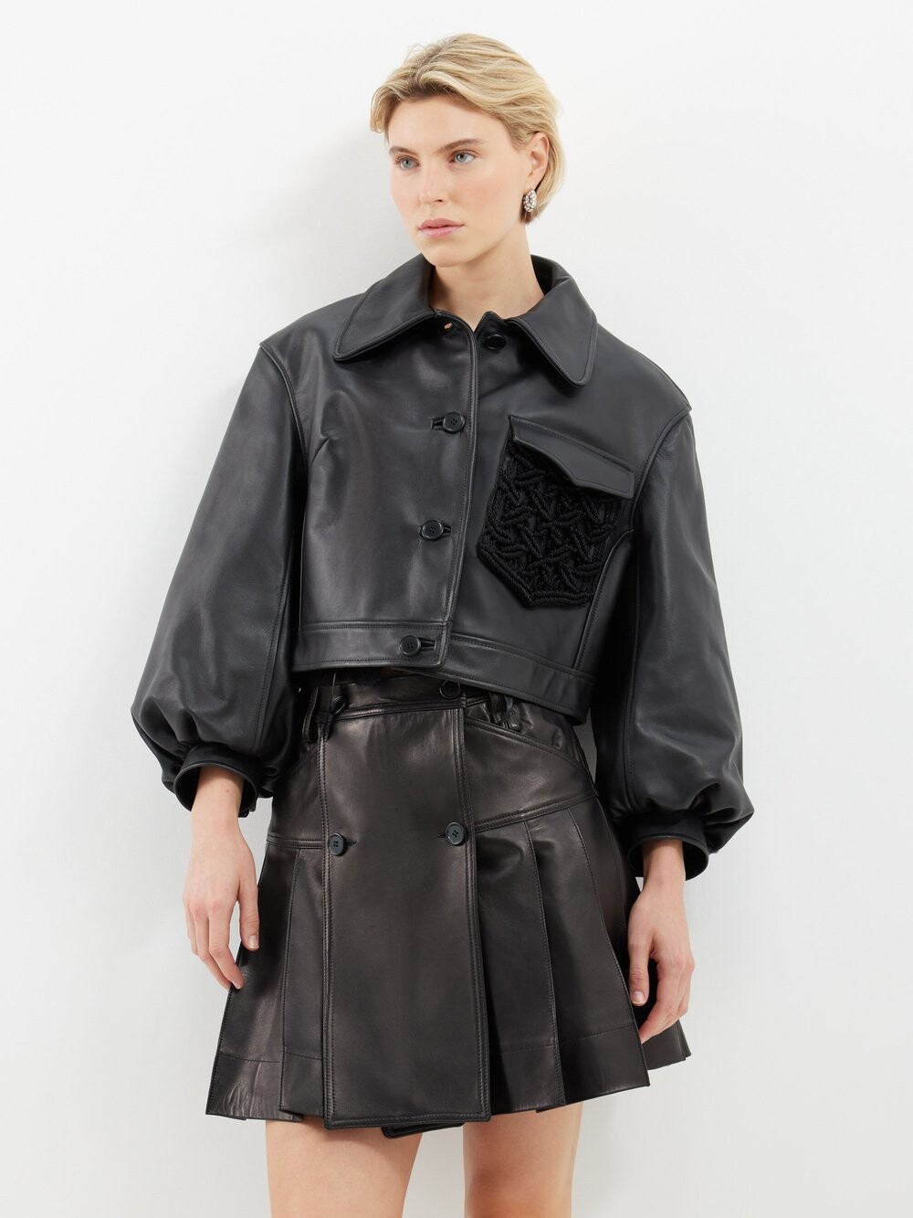 

Укороченная кожаная куртка с карманами макраме Simone Rocha, черный