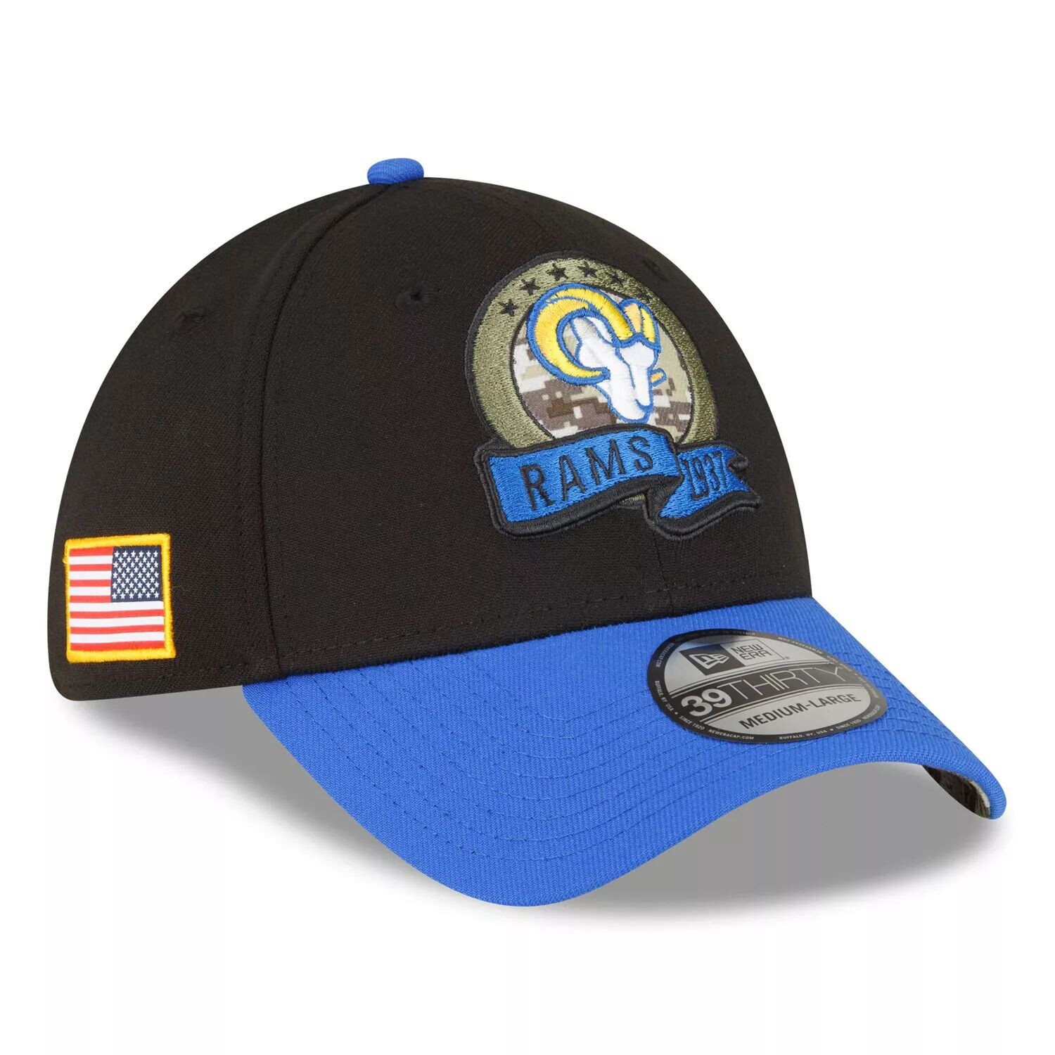 

Мужская кепка New Era черная/синяя Los Angeles Rams 2022 Salute To Service 39THIRTY Flex Hat