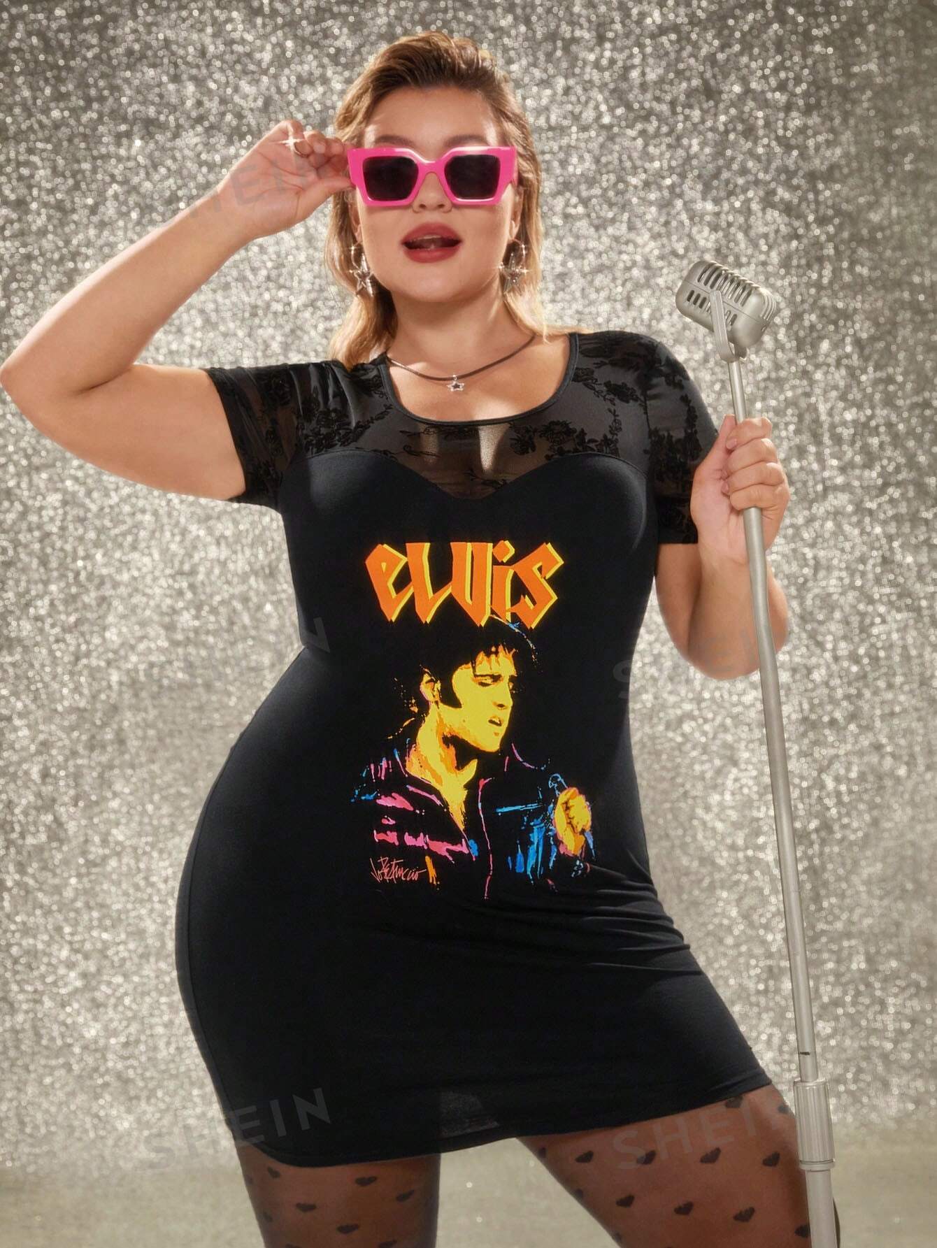 Платье SHEIN Plus с кружевной кокеткой и рисунком, черный цена и фото