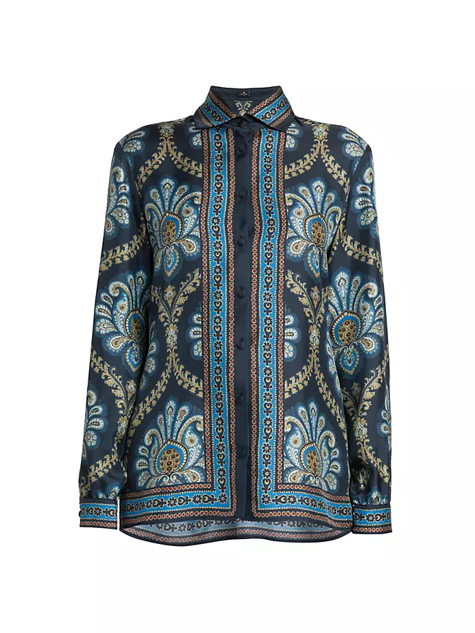 цена Шелковая рубашка с геометрическим рисунком лотоса Etro, темно-синий