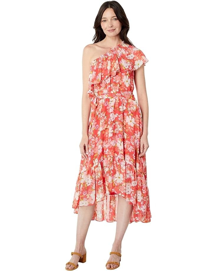 

Платье Vince Camuto Chiffon Ruffle One Shoulder High-Low Midi, цвет Coral
