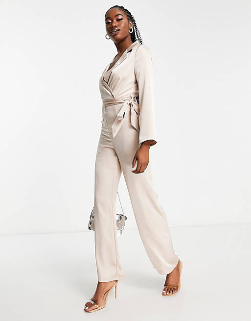 

Розовый атласный комбинезон с запахом и длинными рукавами Miss Selfridge