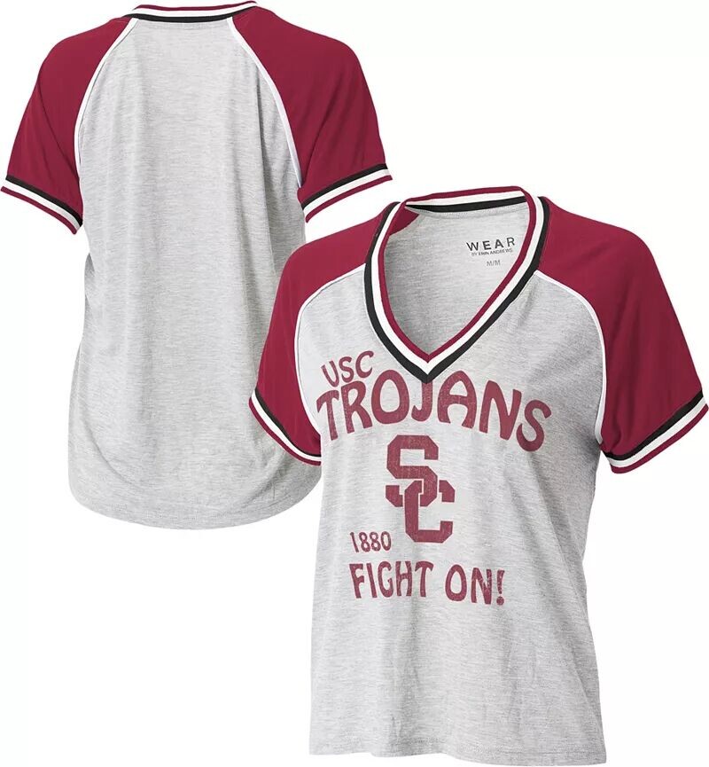 

Wear By Erin Andrews Женская серая футболка USC Trojans реглан с короткими рукавами и v-образным вырезом