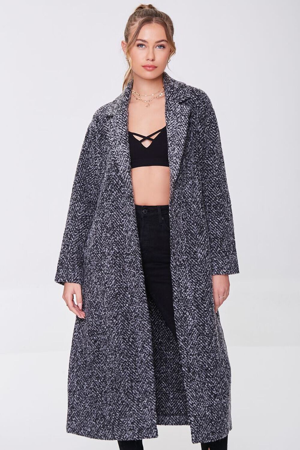 

Твидовое длинное пальто с запахом Forever 21, черный