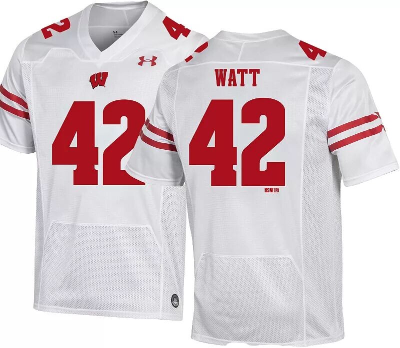 

Мужская белая майка Under Armour Wisconsin Badgers #42 TJ Watt Replica