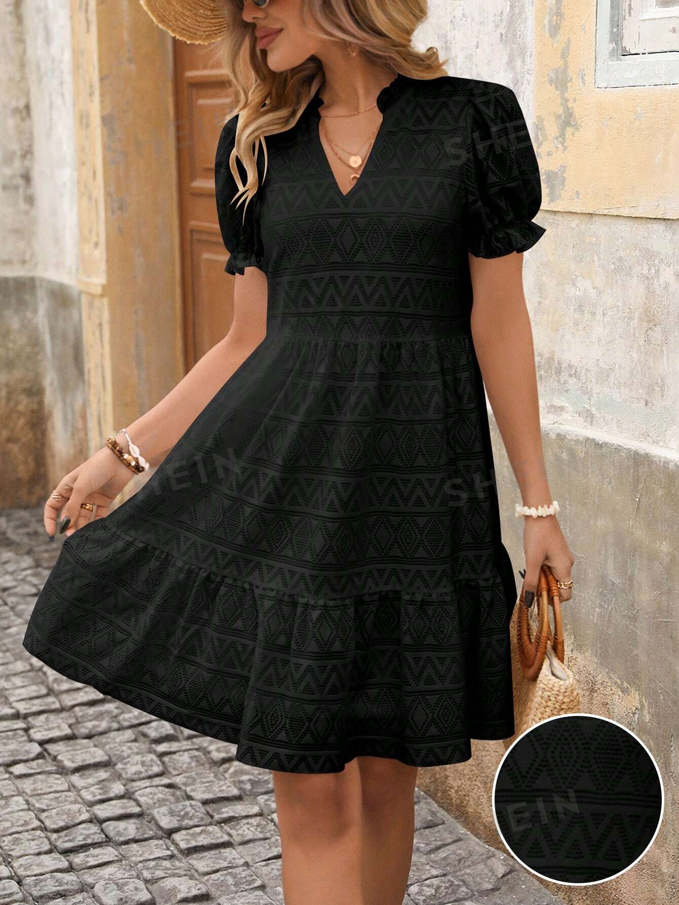 SHEIN VCAY Женское платье с v-образным вырезом и рукавами-фонариками, черный