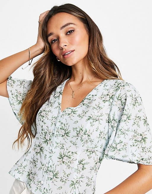 

Синяя блузка с короткими рукавами и цветочным принтом ASOS DESIGN