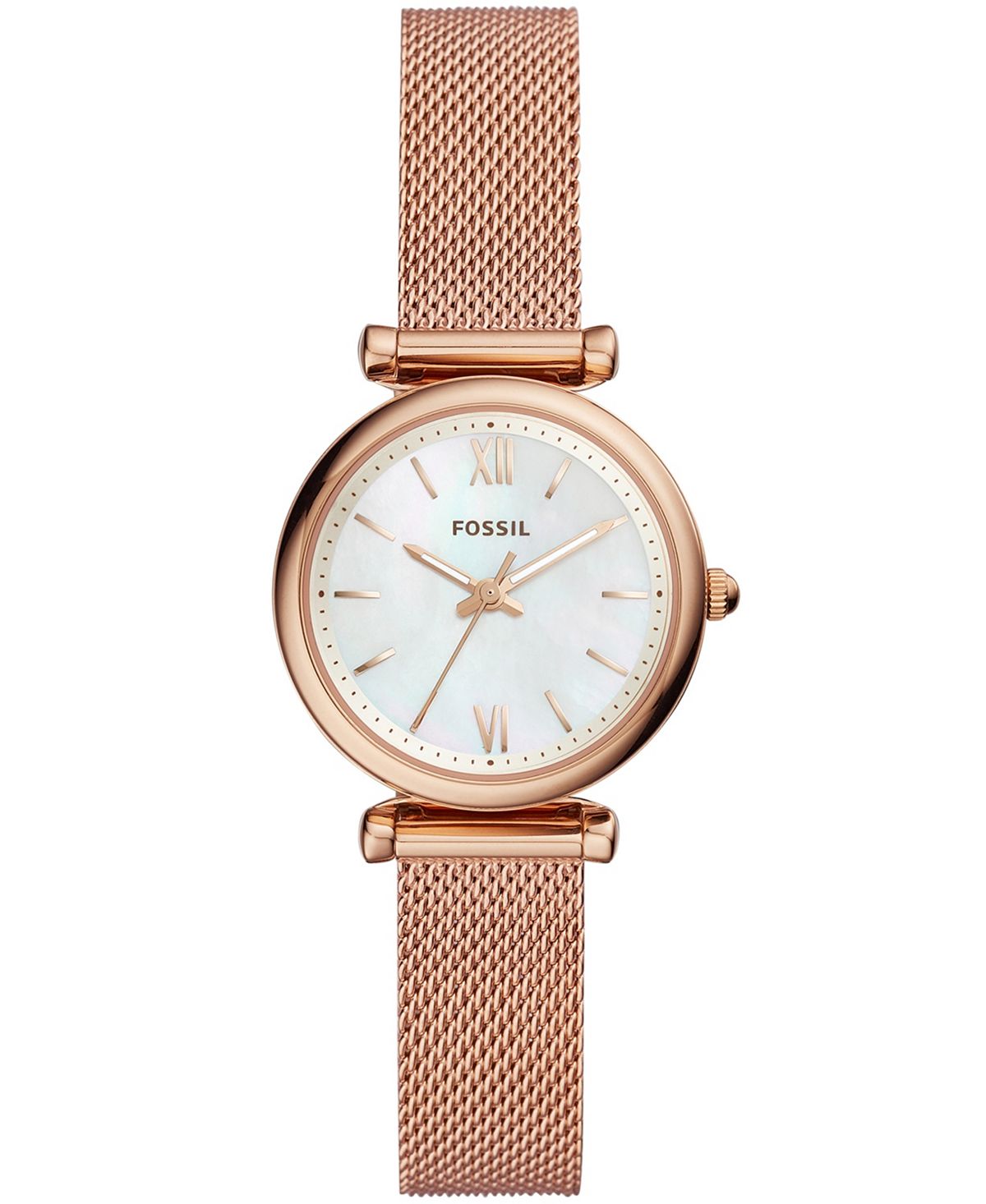 цена Женские мини-часы Carlie из нержавеющей стали с сетчатым браслетом цвета розового золота, 28 мм Fossil, золотой