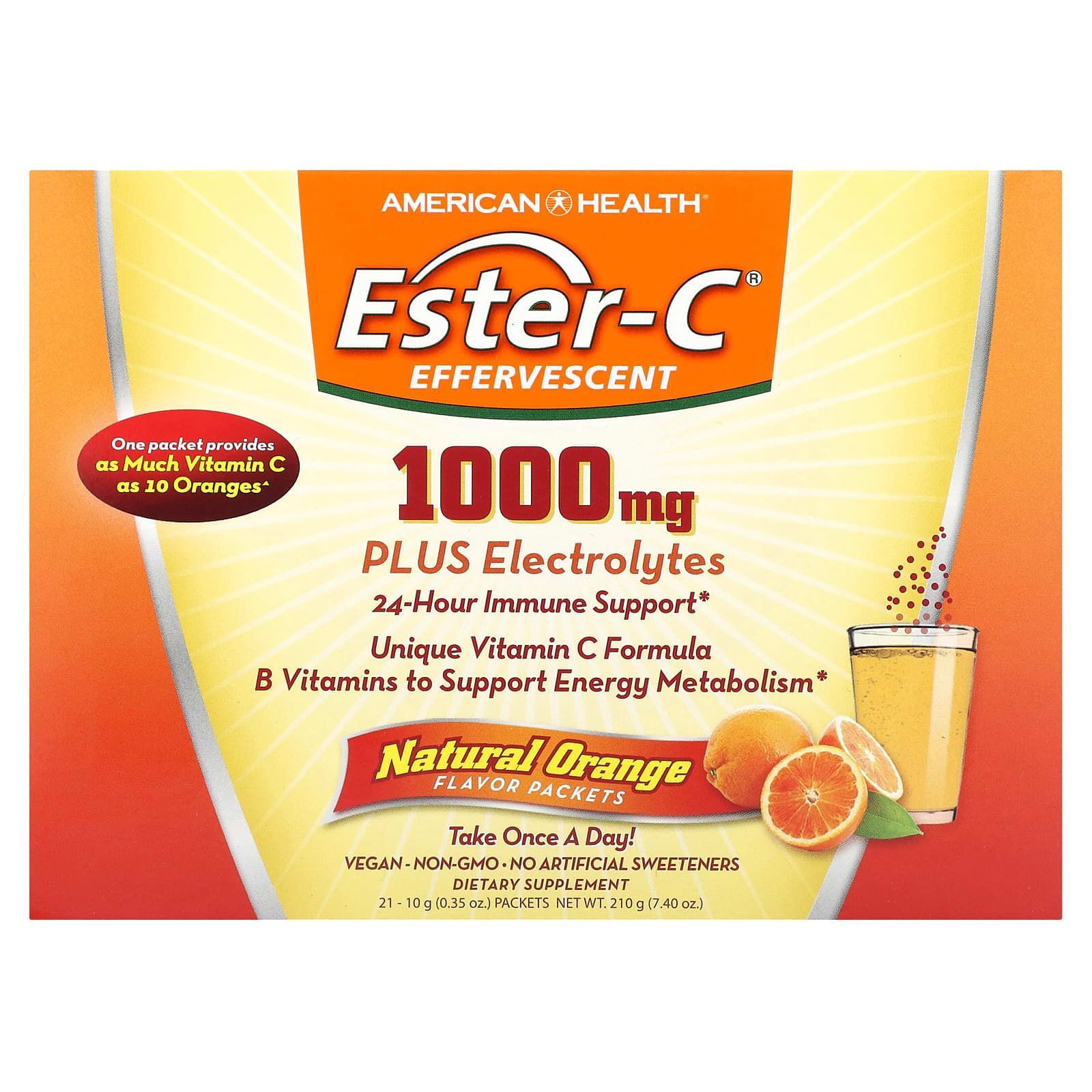 American Health Витамин С Эстер C (витаминный комплекс) шипучий натуральный апельсиновый ароматизатор 1000 мг 21 пакетиков 0,35 унции (10 г) каждый фотографии