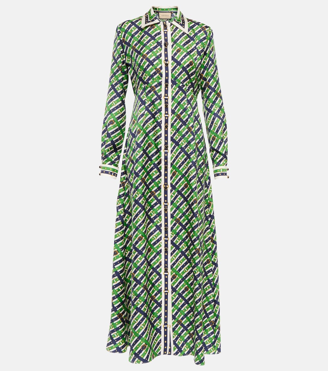 

Шелковое платье макси в клетку с поясом GUCCI, зеленый