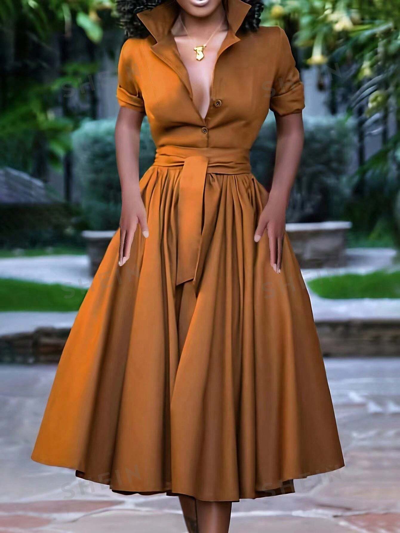 SHEIN Lady Женское платье с воротником и пуговицами до половины планки, жженый апельсин