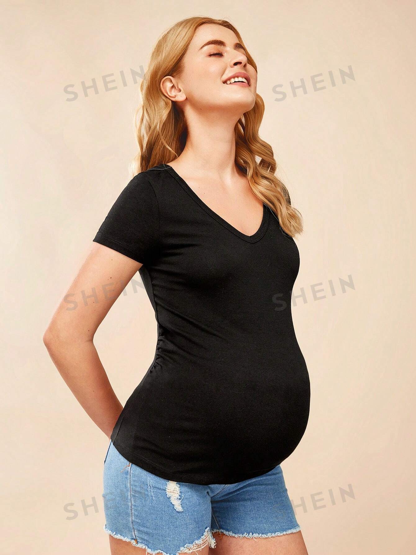 new style maternity photography props maxi maternity gown cotton maternity dress maternity fancy photo shooting pregnant dress SHEIN Однотонная футболка для беременных с v-образным вырезом, черный