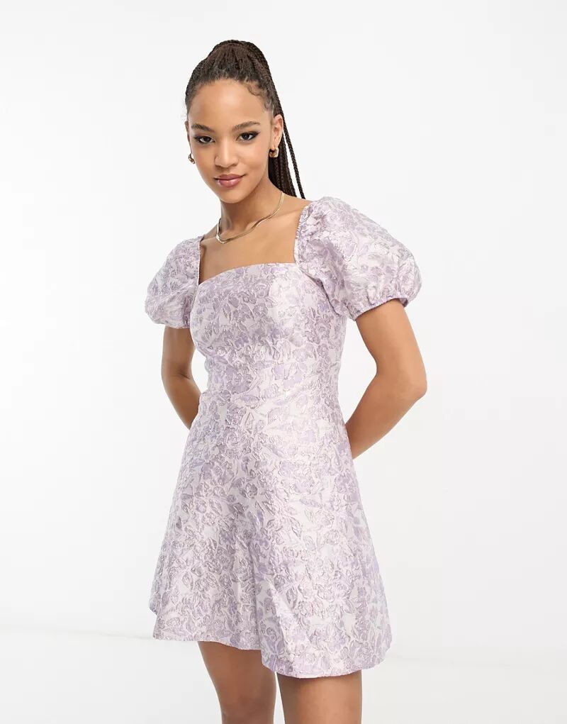 Сиреневое жаккардовое мини-платье Miss Selfridge с рукавами-буфами и корсетом
