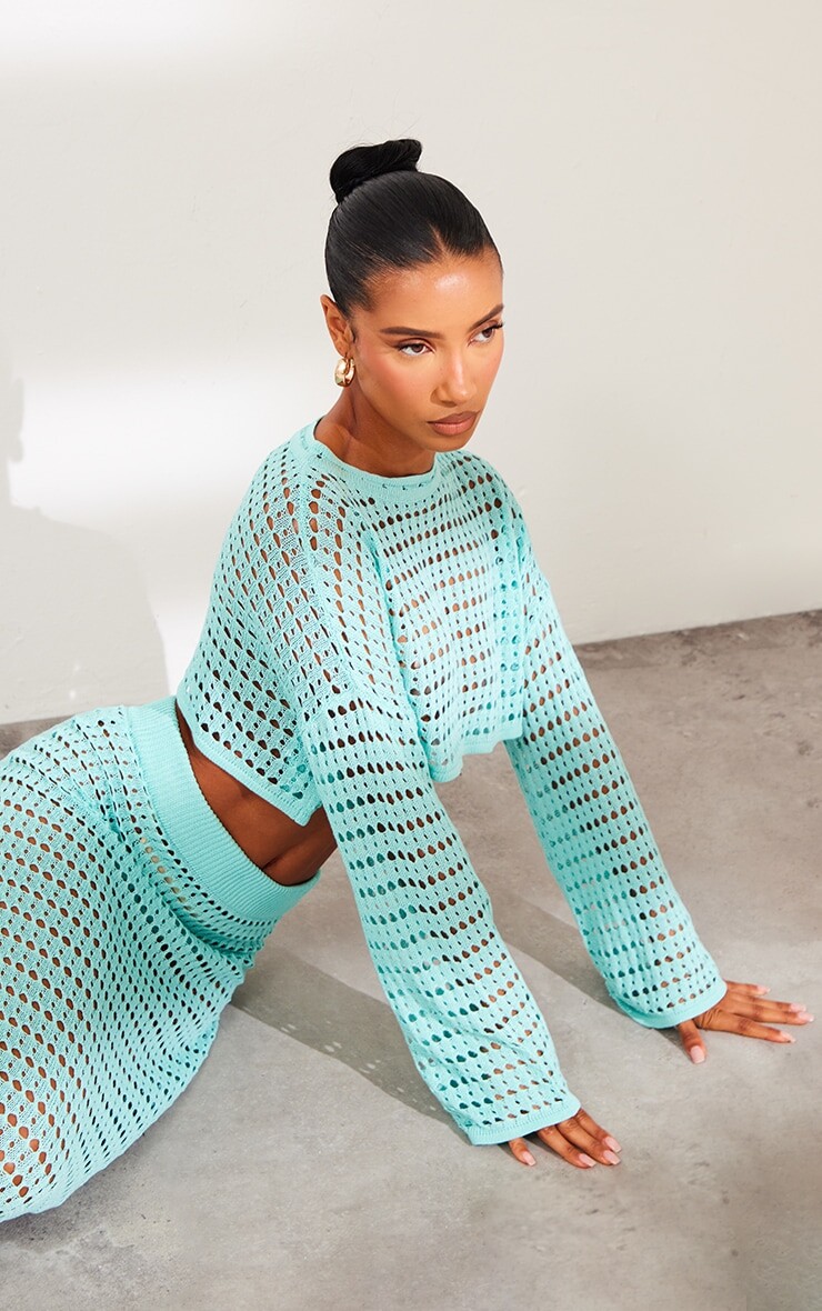 

PrettyLittleThing Вязаный плавучий топ с длинными рукавами крючком цвета морской волны