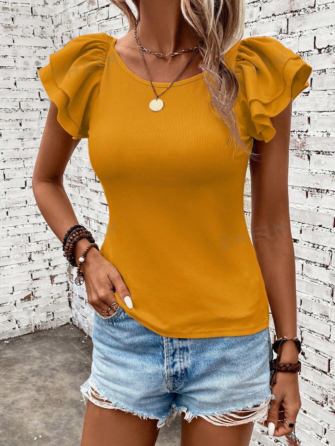 SHEIN Clasi Женская однотонная футболка с короткими рукавами и круглым вырезом с рюшами, желтый