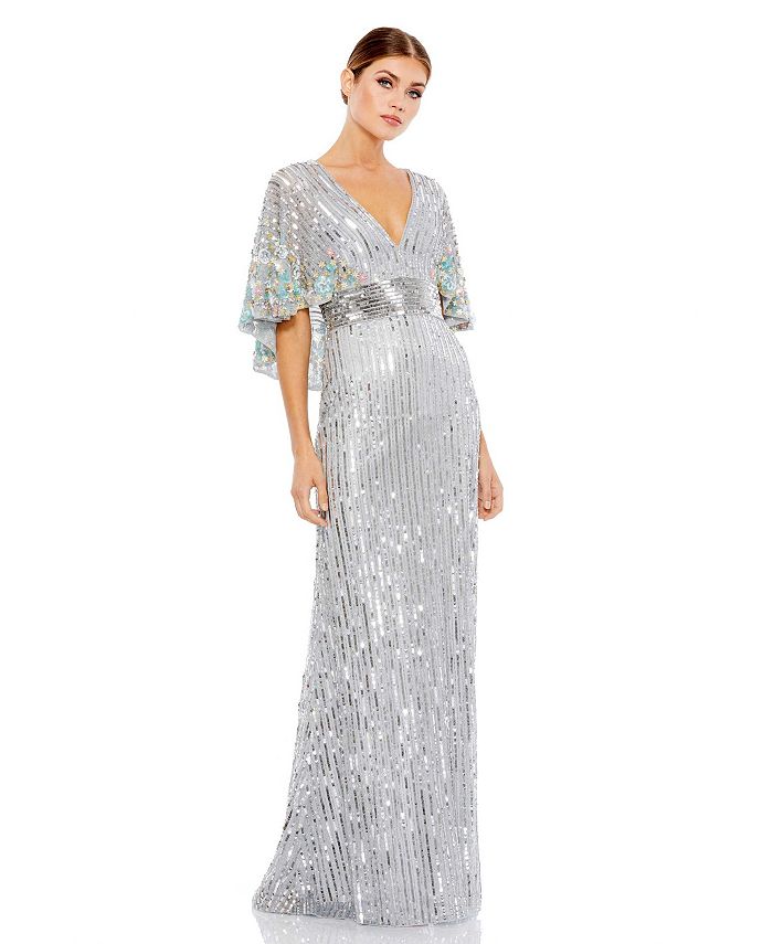 Женское платье с накидкой и рукавами-накидкой, украшенное пайетками и V-образным вырезом с цветочным принтом Mac Duggal, серебро