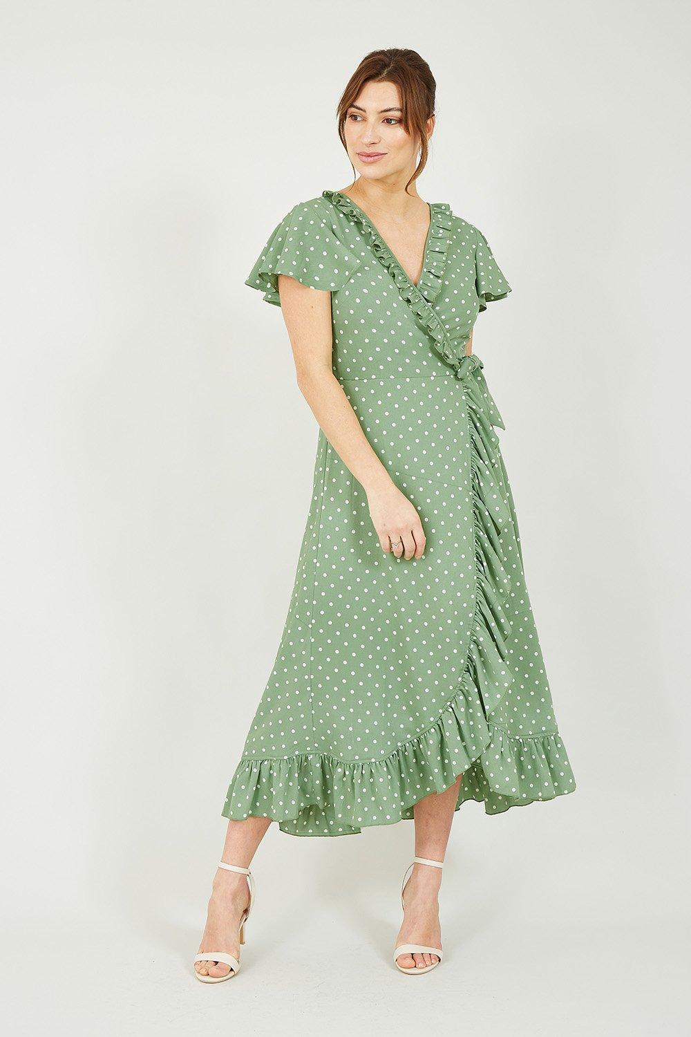 Зеленое платье с запахом и оборками в горошек Yumi, зеленый