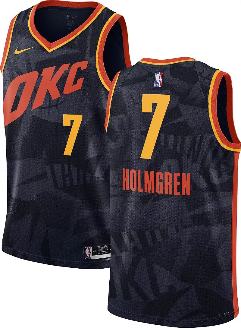 

Мужская мужская футболка Nike City Edition 2023-24 Oklahoma City Thunder Chet Holmgren #7 темно-синего цвета Swingman