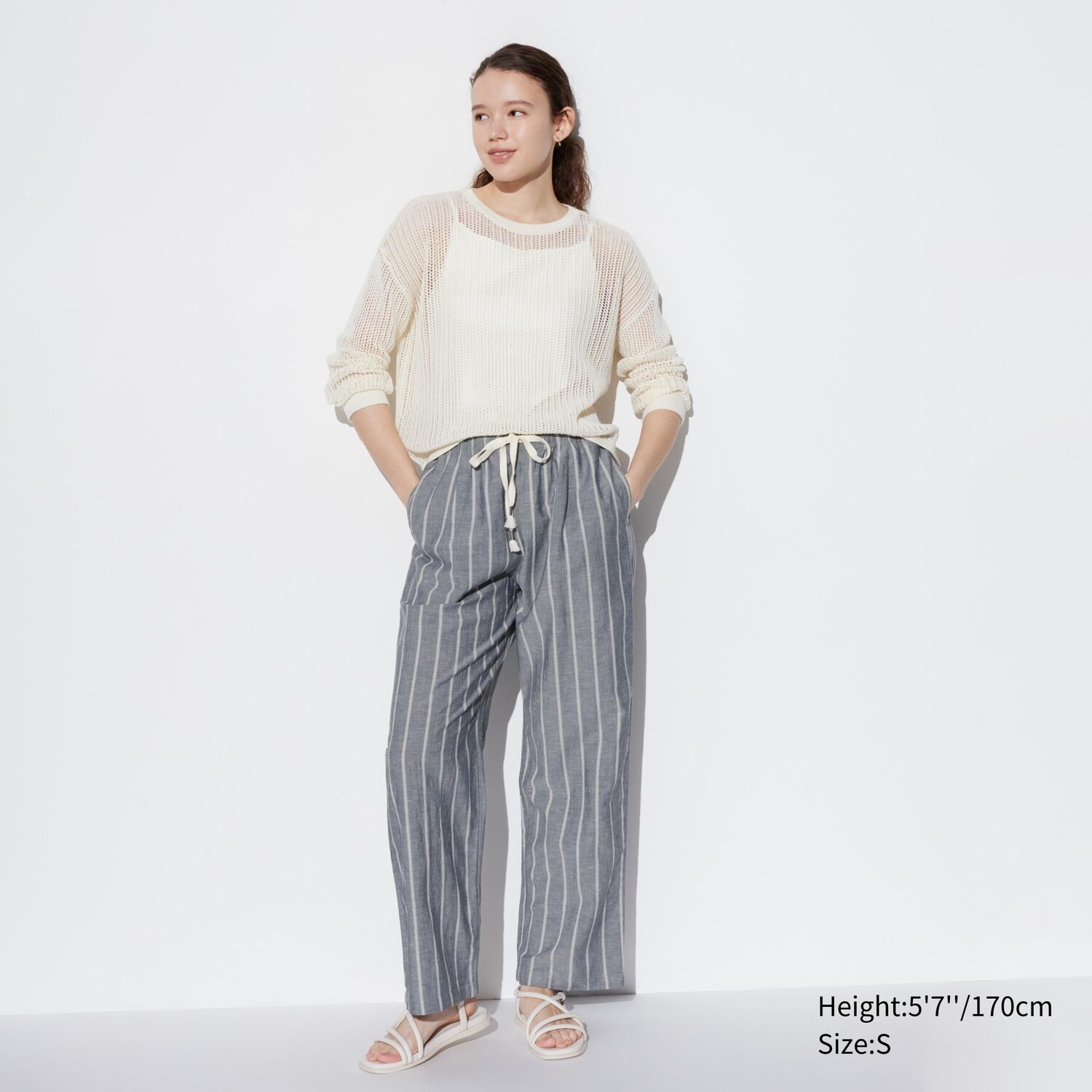 

Брюки из смешанного льна в полоску UNIQLO, синий
