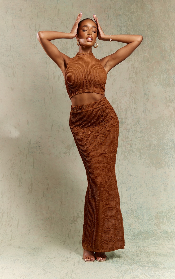 PrettyLittleThing Коричневая фактурная юбка мидакси в рубчик с высокой талией юбка трапеция в стиле ретро troypro элегантная облегающая юбка средней длины с завышенной талией однотонная газовая универсальная повседнев