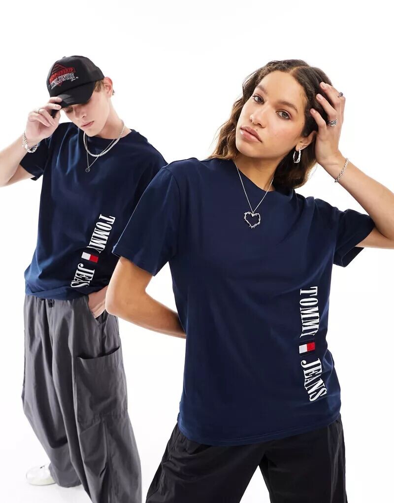 

Темно-синяя футболка унисекс Tommy Jeans обычного кроя с логотипом в стиле ретро
