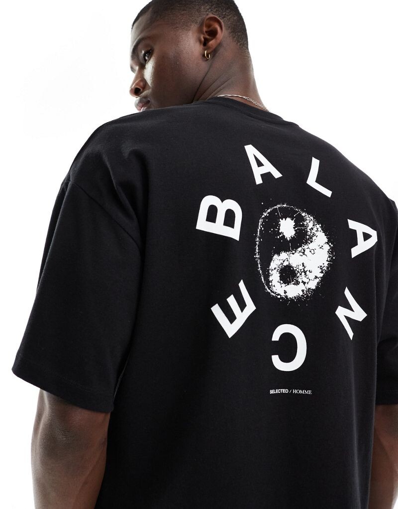 

Selected Homme — черная плотная футболка оверсайз с принтом «Balance» на спине