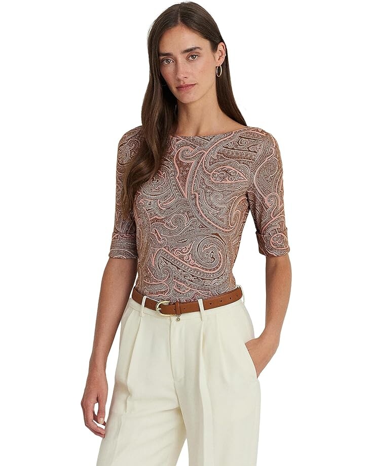 

Футболка LAUREN Ralph Lauren Paisley Stretch Cotton Boatneck, цвет Tan/Cream/Pink