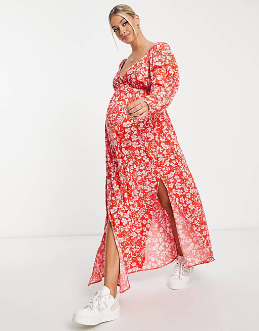 

Розово-красное чайное платье макси со сборкой на талии ASOS DESIGN Maternity