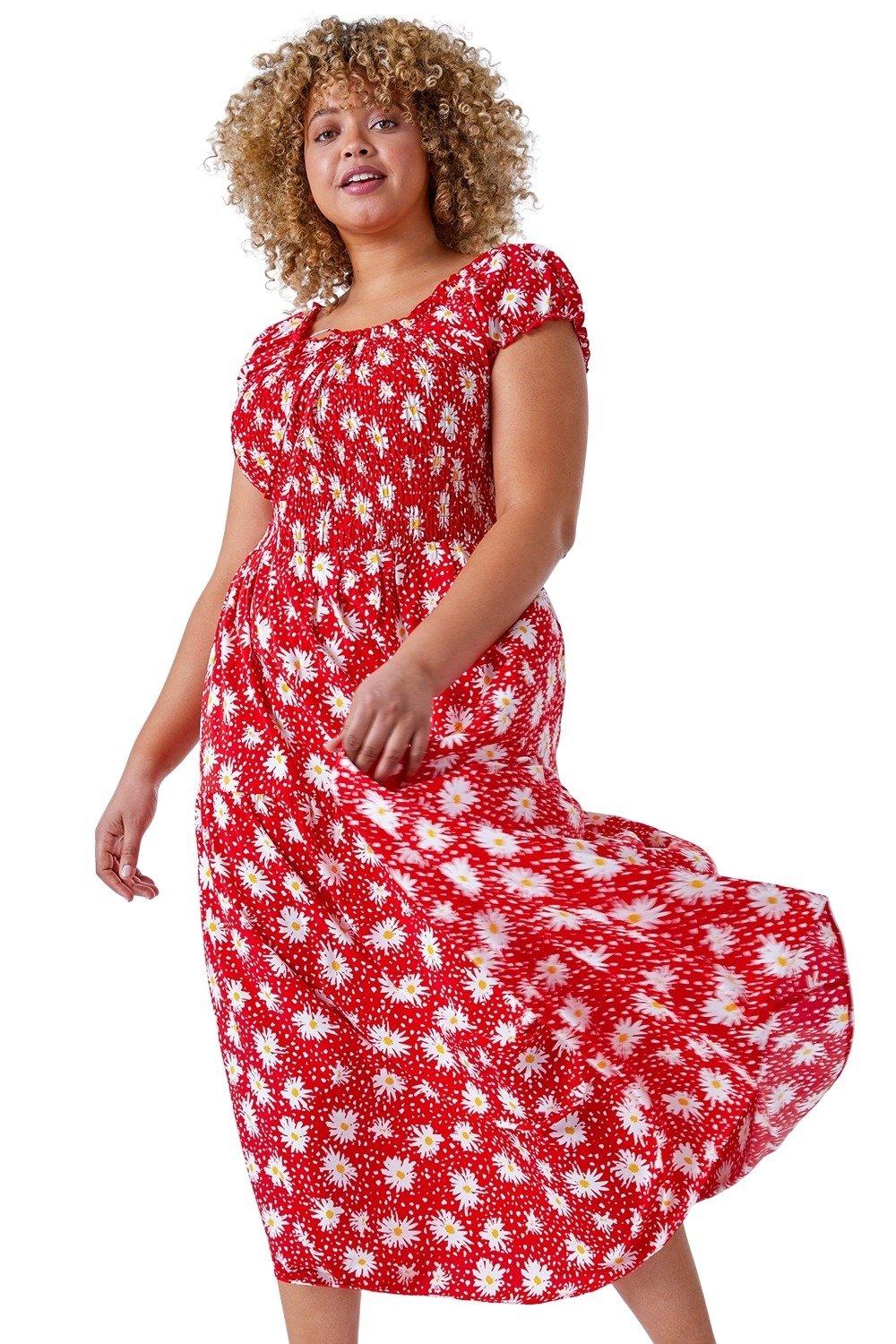 Платье с открытыми плечами и цветочным принтом Curve Roman, красный