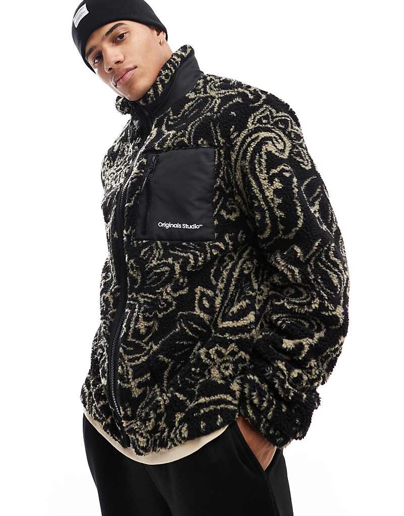 

Jack & Jones – Черная куртка из овчины с узором пейсли на молнии