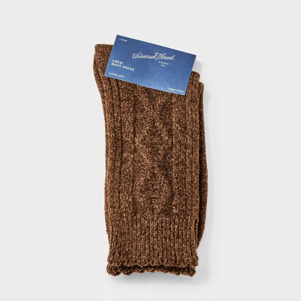 

Женские носки Scalloped Edge Cable Supersoft Crew Boot Socks Universal Thread, цвет Brown Heather