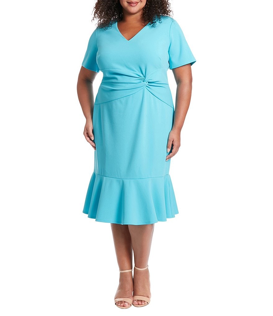 Платье-футляр из крепа London Times с короткими рукавами и узлом спереди с аквалангом больших размеров, синий