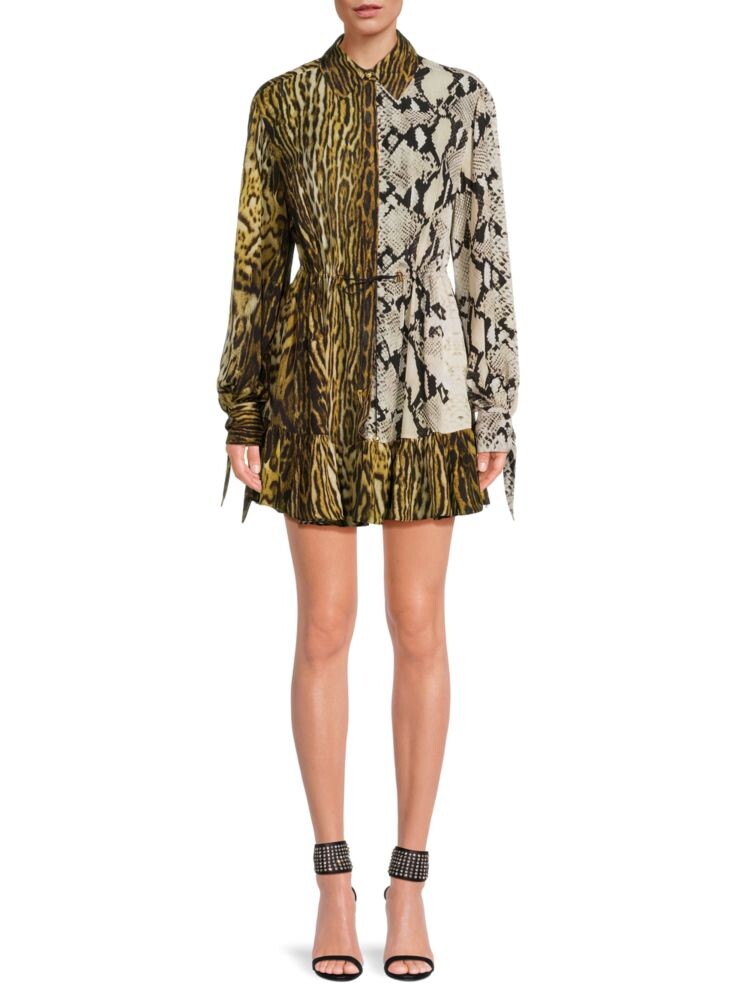 

Мини-платье-рубашка с животным принтом Roberto Cavalli, цвет Tan Multi