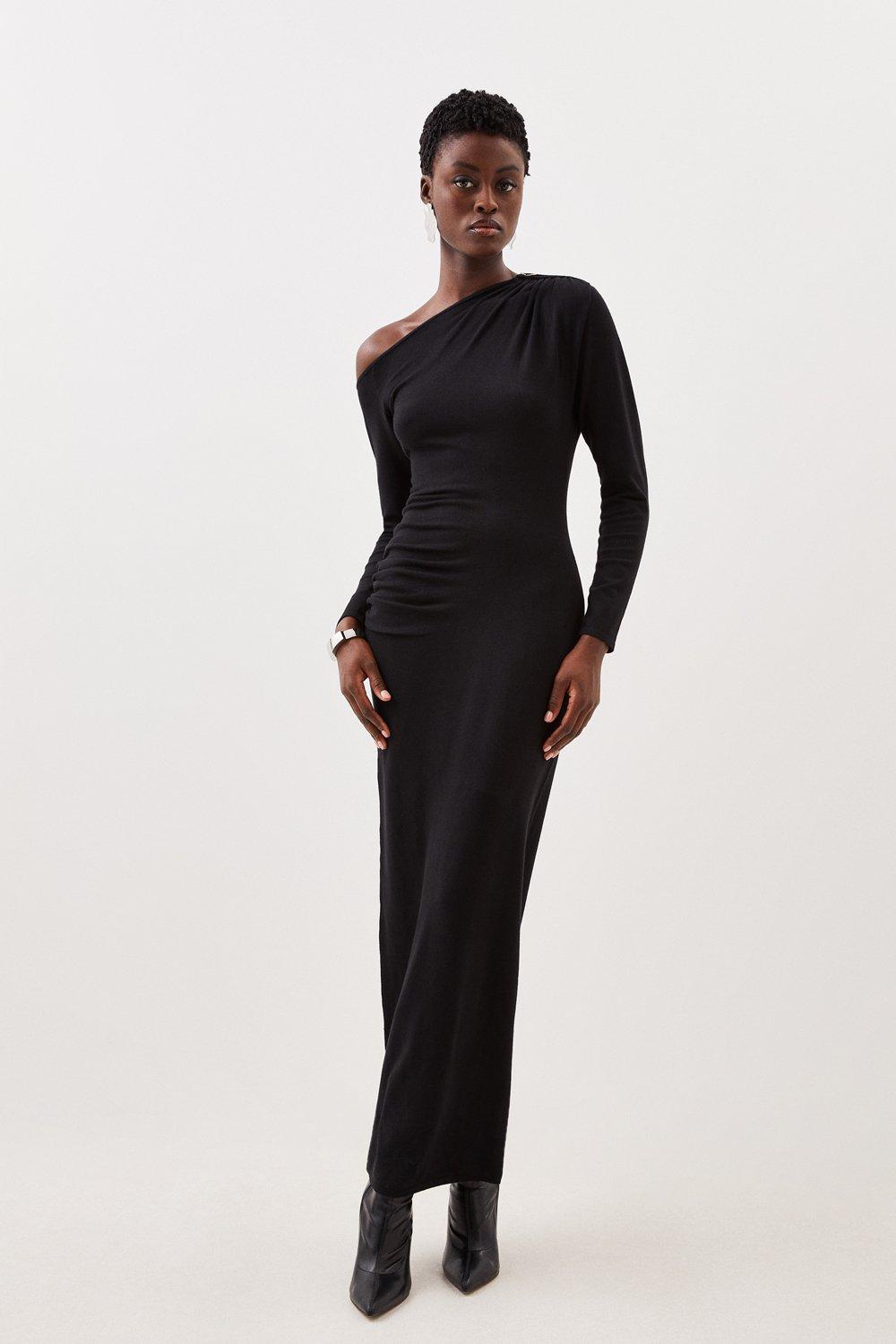 Асимметричное трикотажное платье макси со складками из смесовой вискозы Karen Millen, черный
