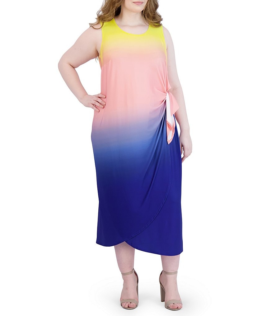 Robbie Bee Платье больших размеров без рукавов с овальным вырезом на талии и завязками в стиле омбре, мультиколор