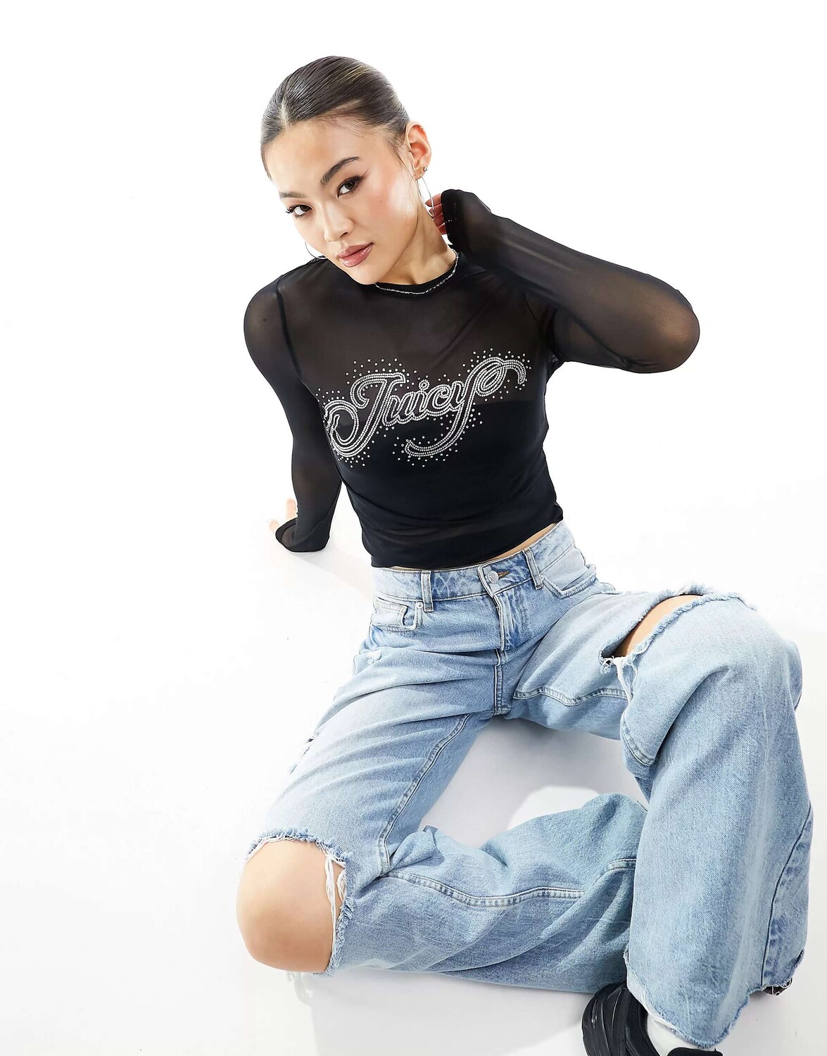 

Черный топ из сетки с логотипом и стразами Juicy Couture