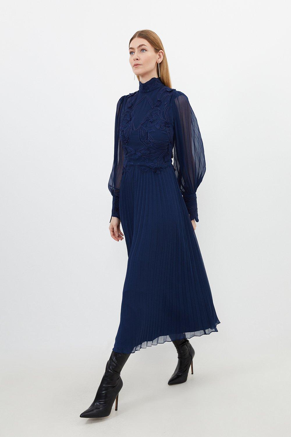 Тканое платье макси с кружевной аппликацией Karen Millen, темно-синий цена и фото