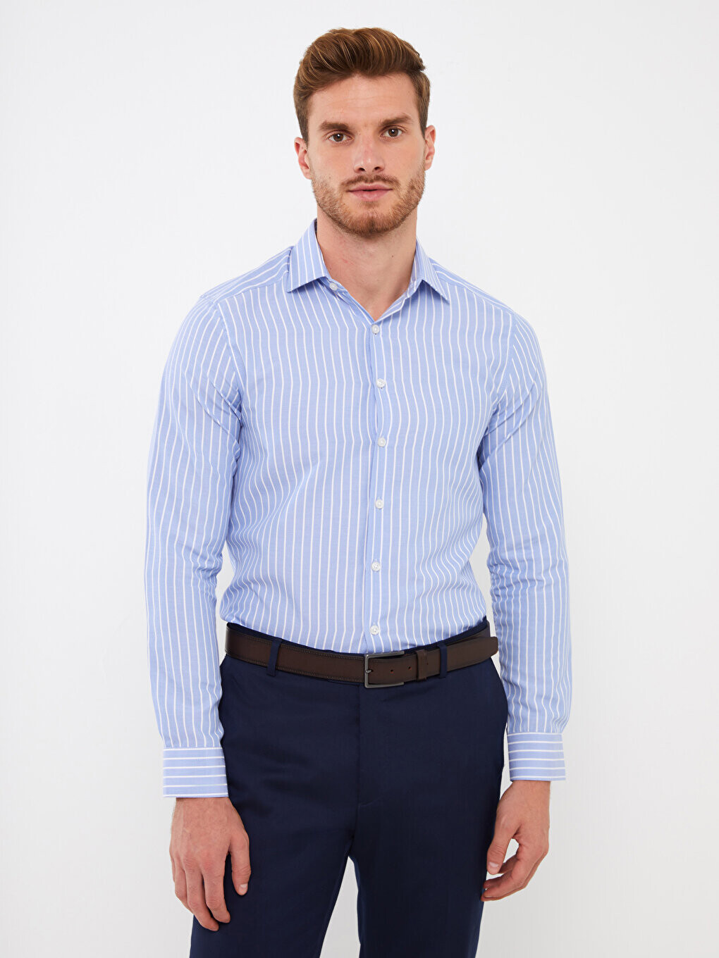 

Мужская полосатая рубашка Slim Fit с длинным рукавом LCWAIKIKI Formal, синие полосы