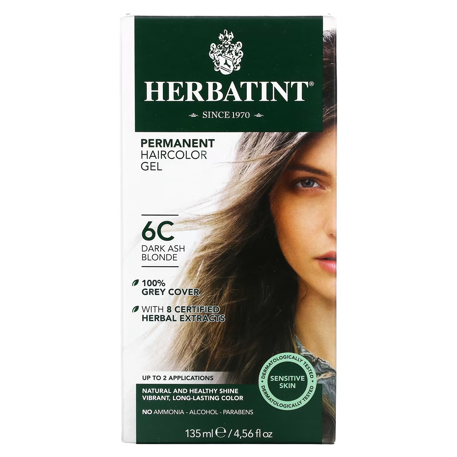 Перманентная гель-краска для волос Herbatint 6C темно-пепельный блондин, 135 мл herbatint перманентная гель краска для волос 6d темный золотой блондин 135 мл