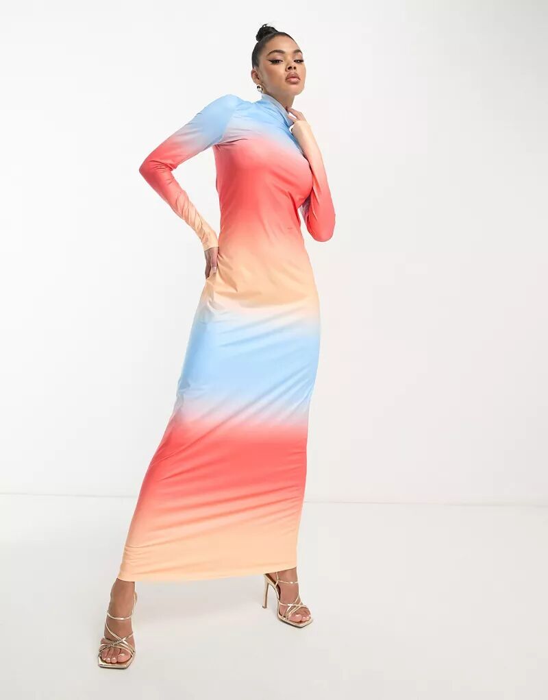 цена Платье макси с высоким воротником и эффектом омбре Something New X Klara Hellqvist в цветах заката