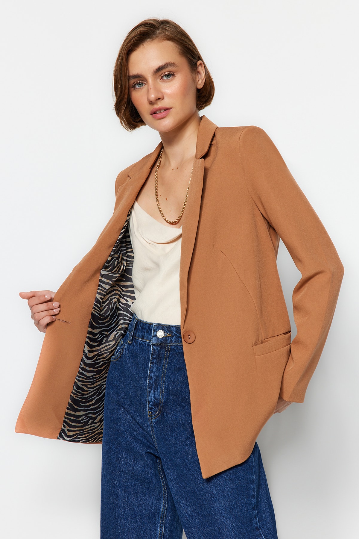 Пиджак тканый Trendyol со стандартной подкладкой, светло-коричневый